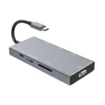 Havit H408 7 In 1 USB Type-C HUB Price in BD - Top view of grey Havit H408 7-in-1 Type-C hub with HDMI, PD charging, and card reader ports