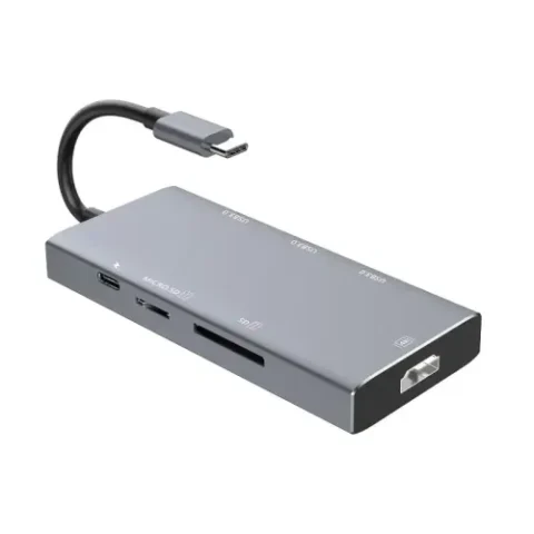 Havit H408 7 In 1 USB Type-C HUB Price in BD - Top view of grey Havit H408 7-in-1 Type-C hub with HDMI, PD charging, and card reader ports