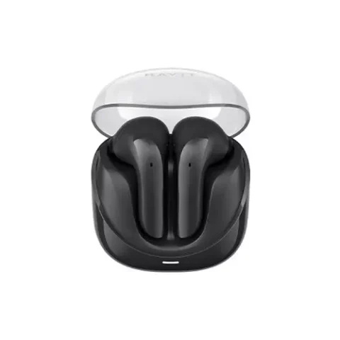 Havit Modern Buds TWS Bluetooth Earbuds Price in BD - Front view of Havit Modern Buds earbuds beside open charging case