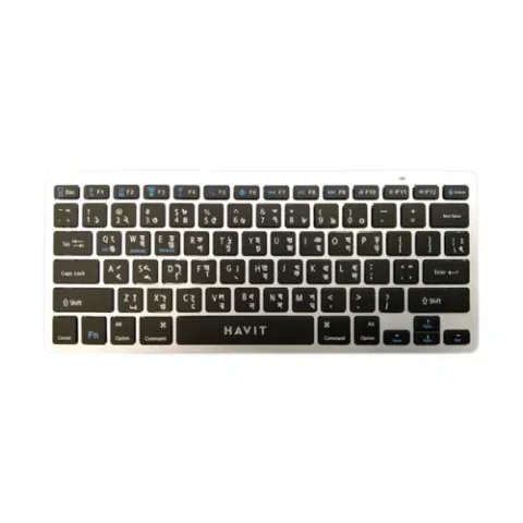 Havit HV-KB220BT Bluetooth Mini Keyboard Price in BD - Top view of Havit HV-KB220BT bluetooth mini keyboard beside tablet on desk