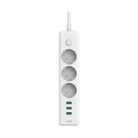 Havit HV-SP8813 3AC Slot+3 USB Switch Power Strip Price in BD - Top view of white Havit HV-SP8813 power strip with 3 AC outlets, 3 USB ports, and power switch