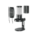 Boya K3-02 RGB USB Microphone Price in BD - Front view of Boya K3-02 desktop RGB USB microphone on stand with pop filter.