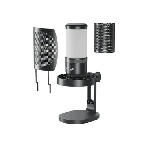 Boya K3-02 RGB USB Microphone Price in BD - Front view of Boya K3-02 desktop RGB USB microphone on stand with pop filter.