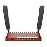 Mikrotik L009UiGS-2HaxD-IN 8-Port WiFi 6 Gigabit Router Price in BD - Red aluminum Mikrotik L009UiGS-2HaxD-IN desktop router with external antennas and gigabit ethernet ports.