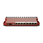 Mikrotik L009UiGS-RM 8 Port PoE Gigabit Router Price in BD - Front view of Mikrotik L009UiGS-RM rackmount 8-port gigabit router in red aluminum chassis.