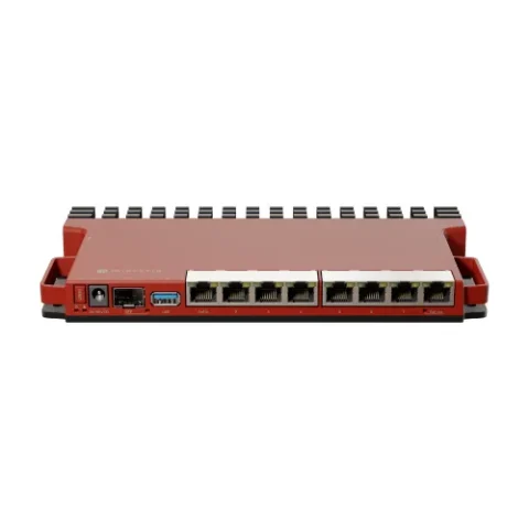 Mikrotik L009UiGS-RM 8 Port PoE Gigabit Router Price in BD - Front view of Mikrotik L009UiGS-RM rackmount 8-port gigabit router in red aluminum chassis.