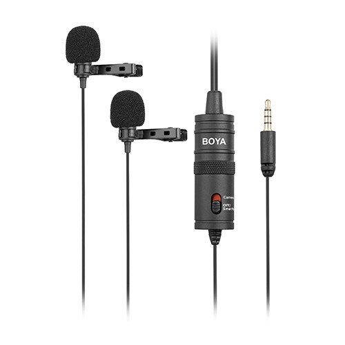 Boya BY-M1DM Dual Omni Directional Lavalier Microphone Price in BD - Front view of Boya BY-M1DM dual clip-on lavalier mic with 4m cable and two mic heads.