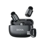 BOYA Mini-12 Wireless Microphone System Price in BD - Tiny black dual wireless transmitters with charging case and dual Type-C/Lightning receivers.