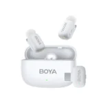 BOYA Mini-13 Wireless Microphone System Price in BD - Tiny black dual wireless transmitters with charging case and Lightning receiver.
