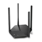 Mercusys MR60X AX1500 Dual Band Gigabit WiFi 6 Router Price in BD - Sleek black Wi-Fi 6 router with 4 external antennas.