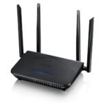 Zyxel NBG7510 AX1800 Dual-Band WiFi 6 Gigabit Router Price in BD - Modern black Wi-Fi 6 router with four external antennas.