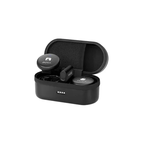 Boya Omic-D Dual-Channel Wireless Microphone Price in BD - Front view of Boya Omic-D transmitters, Lightning receiver, and charging case.