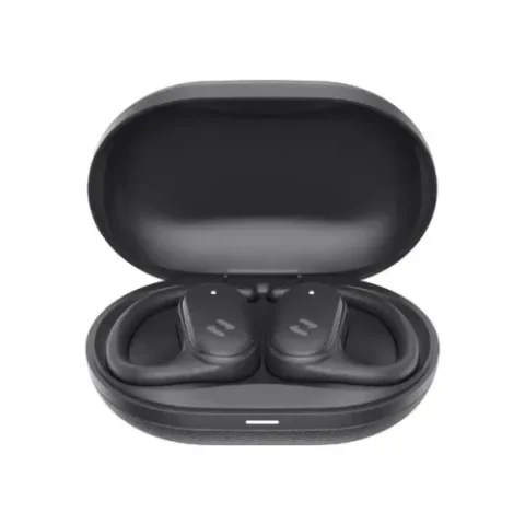 Havit OWS915 OWSFIT 02A Open-Ear Wireless Earbuds Price in BD - Side view of Havit OWS915 open-ear earbuds and charging case