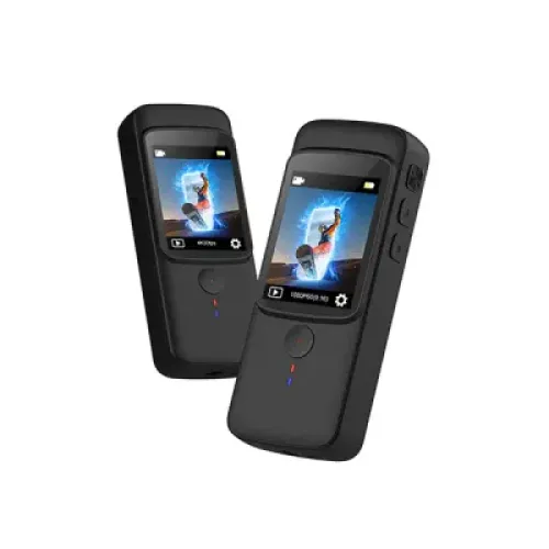 Blisbond Pro3 4K Portable Dual-Screen Action Camera Price in BD - Black compact action camera featuring dual screens, a wide-angle lens, and waterproof housing