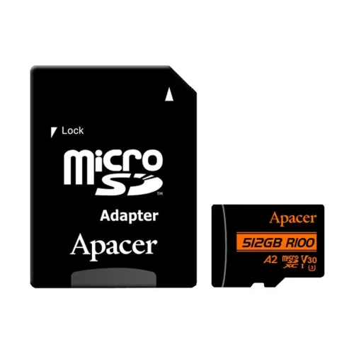 Apacer R100 MicroSDXC UHS-I U3 V30 A2 512GB Class-10 Memory Card with Adapter AP512GMCSX10U8-R