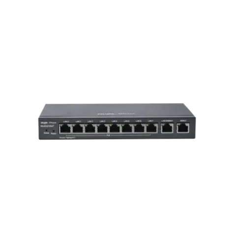 Ruijie RG-EG210G-P 10-Port Gigabit Cloud Managed PoE Router Price in BD - Ruijie RG-EG210G-P router front panel with 10 Gigabit ethernet ports.
