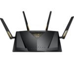 ASUS RT-AX88U AX6000 Dual Band WiFi 6 Gaming Router Price in BD - Black high-performance gaming router with four external antennas.