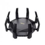 ASUS RT-AX89X AX6000 Dual Band WiFi 6 Gaming Router Price in BD - Futuristic circular black gaming router design with eight external antennas.
