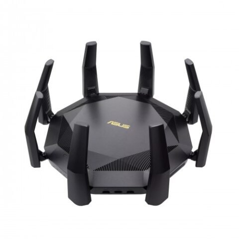 ASUS RT-AX89X AX6000 Dual Band WiFi 6 Gaming Router Price in BD - Futuristic circular black gaming router design with eight external antennas.