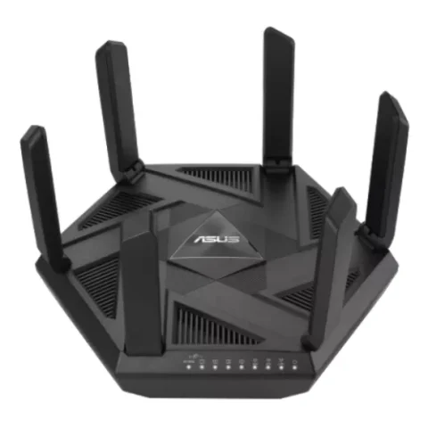 ASUS RT-AXE7800 7800Mbps Tri-Band WiFi 6E Gaming Router Price in BD - High-performance black gaming router with six antennas.