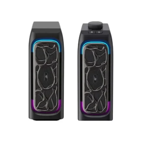 Havit SK215 2.0 RGB Bluetooth Soundbar Price in BD - Front view of Havit SK215 RGB desktop bluetooth soundbar illuminated under monitor