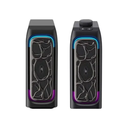 Havit SK215 2.0 RGB Bluetooth Soundbar Price in BD - Front view of Havit SK215 RGB desktop bluetooth soundbar illuminated under monitor