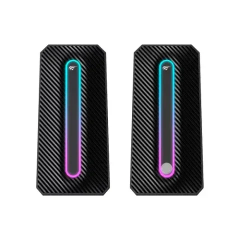 Havit SK216 RGB Gaming Speaker Price in BD - Front view of Havit SK216 RGB gaming speakers illuminated on desktop