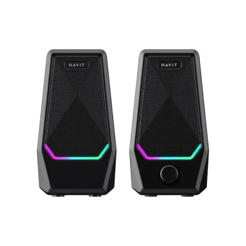 sk768-01-500x500 Havit SK768 RGB Stereo USB Speaker Price in BD - Front view of Havit SK768 RGB gaming speakers illuminated on desktop