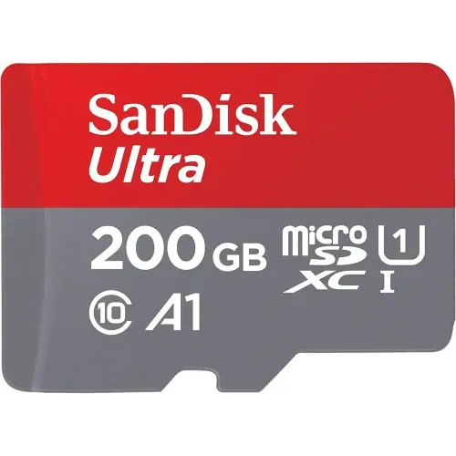 SanDisk Ultra 200GB Class 10 100MB/s microSDXC UHS-I Memory Card Price in BD - Grey and red micro SDXC memory card featuring 100MB/s transfer speed rating and 200GB capacity