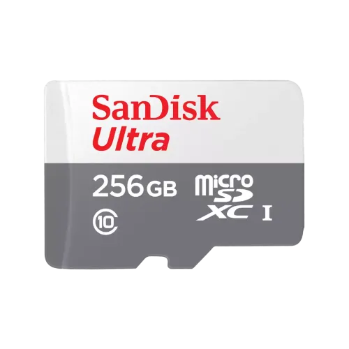 SanDisk Ultra 256GB Class 10 100MB/s microSDXC UHS-I Memory Card Price in BD - Grey and white micro SDXC memory card featuring 100MB/s transfer speed rating and 256GB capacity