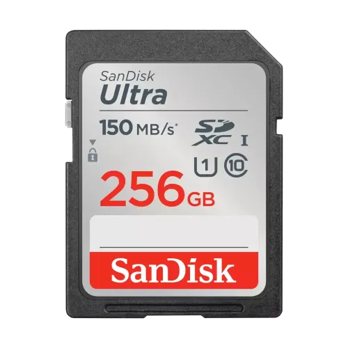 SanDisk Ultra 256GB Class 10 150MB/s SDXC UHS-I Memory Card Price in BD - Grey and red full-size SDXC memory card featuring 150MB/s transfer speed rating and 256GB capacity