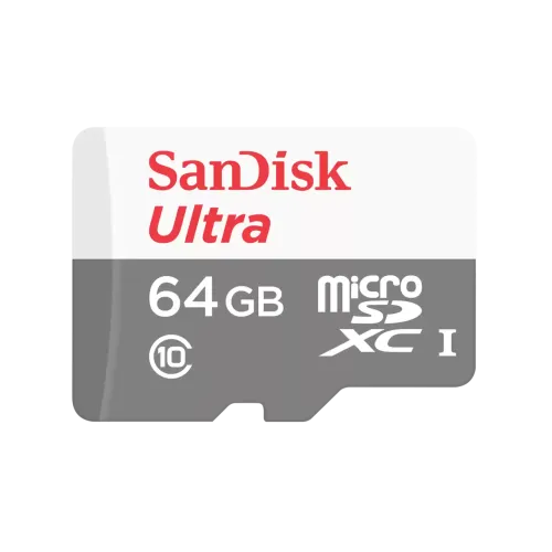 SanDisk Ultra 64GB Class 10 100MB/s microSDXC UHS-I Memory Card Price in BD - Grey and white micro SDXC memory card featuring 100MB/s transfer speed rating and 64GB capacity