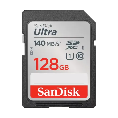 SanDisk Ultra 128GB Class 10 140MB/s SDXC UHS-I U1 Memory Card Price in BD - Grey and red full-size SDXC memory card featuring 140MB/s transfer speed rating and 128GB capacity