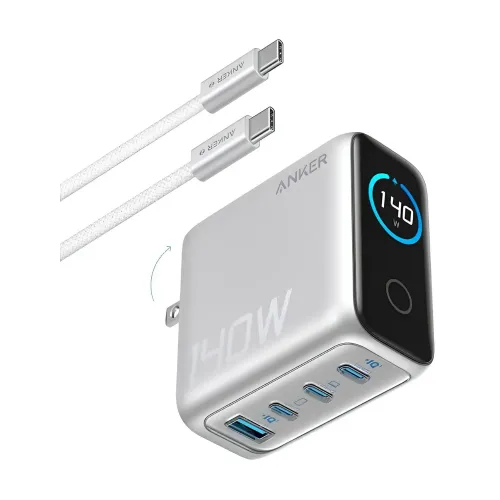 Anker Charger (140W, 4-Port, PD 3.1) with USB-C Cable - Silver
