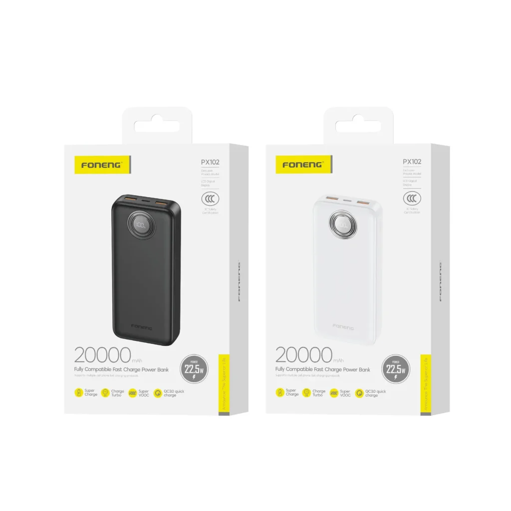 Foneng PX102 22.5W 20000mAh Power Bank Price in Bangladesh - Portable fast charger with LCD screen and 3 output ports