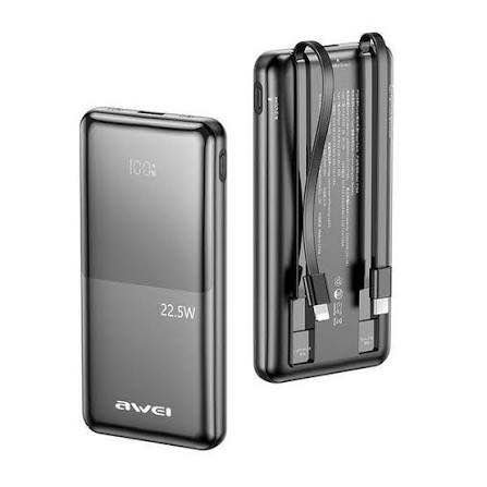 Awei P76K 10000mAh 22.5W Digital Display Dual Cable Power Bank Price in Bangladesh - Portable fast charger with built-in cables and digital percentage display