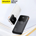 Awei P63K 10000mAh Power Bank Price in Bangladesh - Slim portable charger with built-in cables and digital display screen
