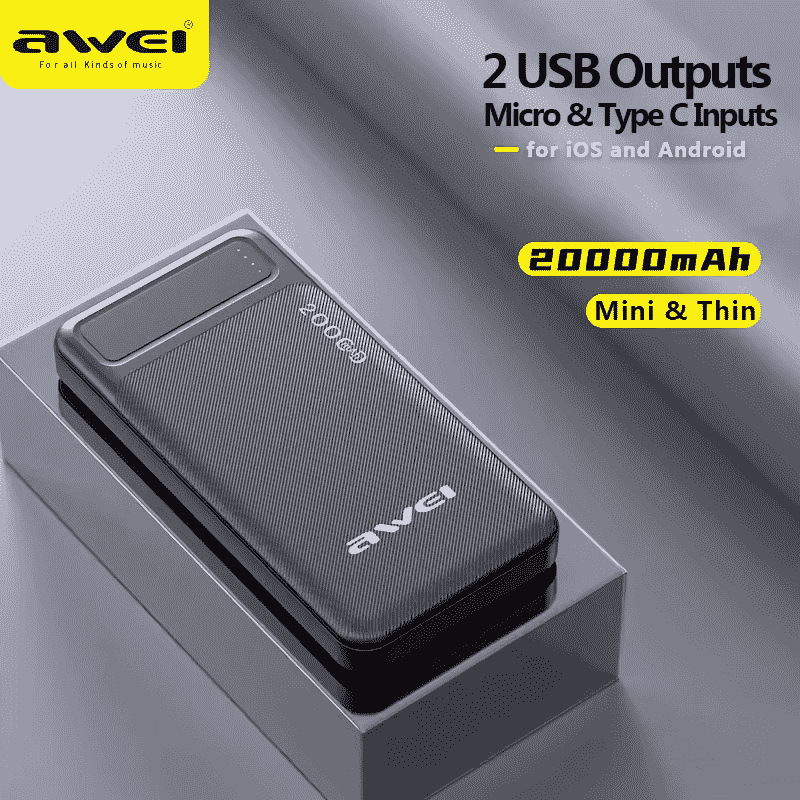 Awei P6K Pro 20000mAh Power Bank Price in Bangladesh - Dual USB portable charger with LED indicators and lithium polymer core